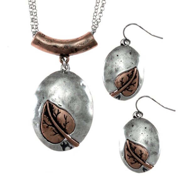 Silver and Copper Leaf Pendant Necklace Earring Set NWT - Picture 1 of 3